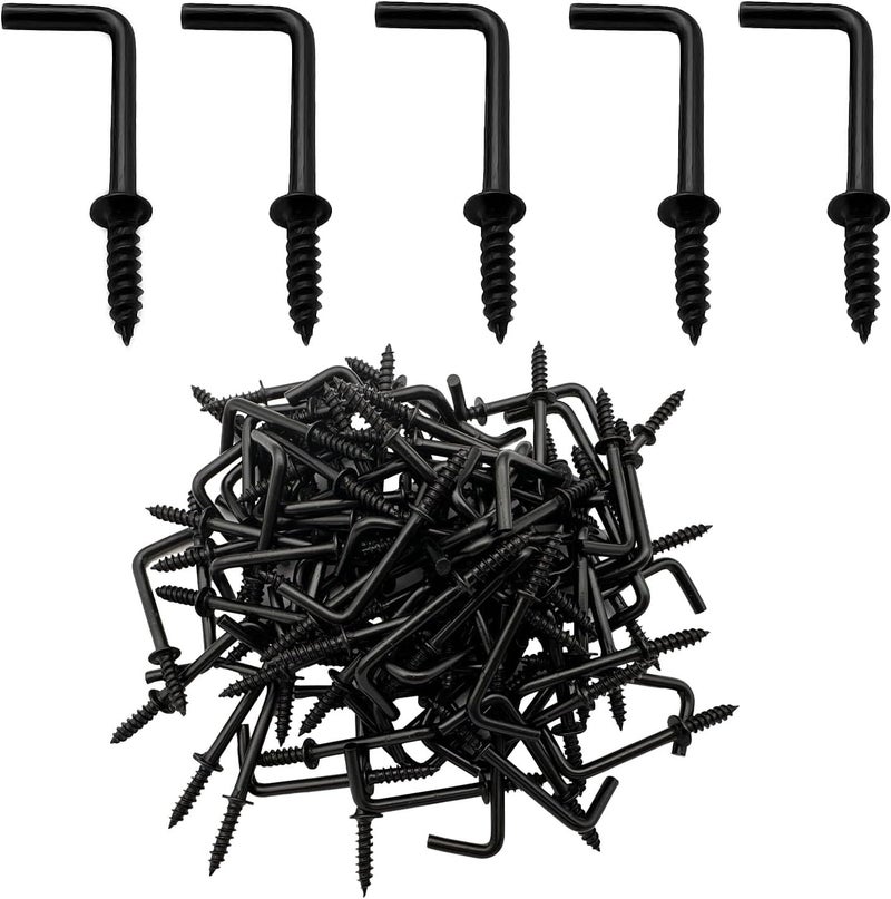 ANDILIKE 100 PCS Black 7 Shaped Right Angle Screw Hooks,1 Inch Screw in L Shaped Hooks for Hanging Lamp,Plants,Decorations,kitchenware and DIY Crafts - Image 1